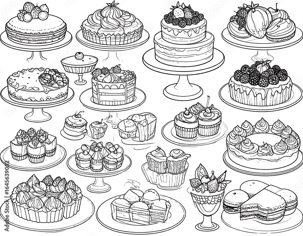 Collection of detailed black and white pastry illustrations Collection of detailed black and white pastry illustrations