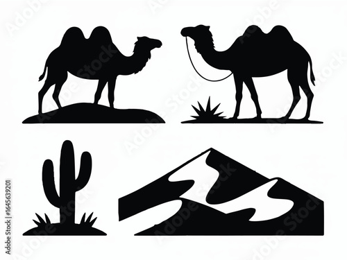 Desert elements silhouettes with camels and mountains Keywords: desert, elements, silhouettes