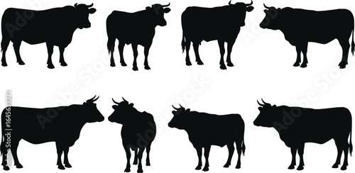 A collection of diverse cow silhouettes, showcasing various poses and breeds, perfect for farm-themed designs, logos, and agricultural projects with rustic charm.
