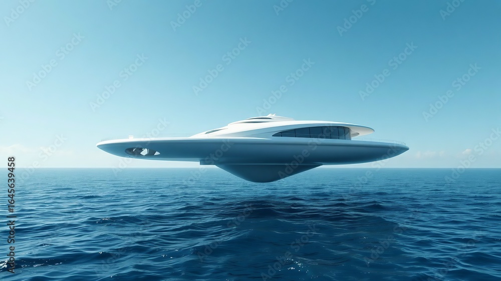 Obraz premium Futuristic yacht sailing on crystal clear ocean under blue summer sky
