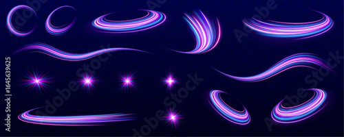 Abstract neon blur light spirals, radiant stars, and glowing particles with soft beams. A large set of light effects, stars, curved lines, elements of speed, glare, flashes on a black background. 