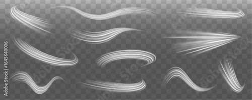 Set of white light bright lines in the form of a covenant. Curve light effect of motion wave. Dynamic white trail, fire path trace line, car lights, optic fiber and incandescence curve twirl.	