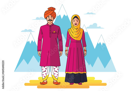 Vector art of an indian couple dressed in traditional attire, a man with a turban and a woman with a hijab, standing in front of mountains