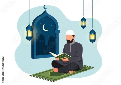 Vector art of muslim man reading the quran on a prayer mat in front of a mosque window with lanterns, isolated on white background