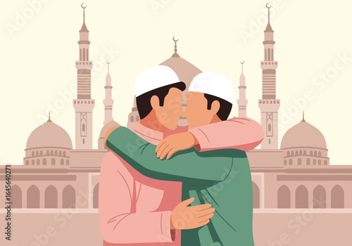 Vector art of two muslim men hugging and greeting each other in front of a mosque, celebrating a religious festival, isolated on white background