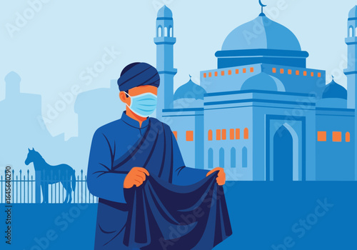 Vector art of muslim man wearing a face mask in front of a mosque with a horse silhouette in the background, symbolizing protection and faith