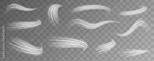 Set of white light bright lines in the form of a covenant. Curve light effect of motion wave. Dynamic white trail, fire path trace line, car lights, optic fiber and incandescence curve twirl.	