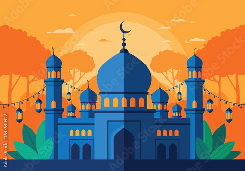 Vector art of a beautiful blue mosque with tall minarets and a large dome, illuminated by hanging lanterns against a vibrant orange sunset sky with trees