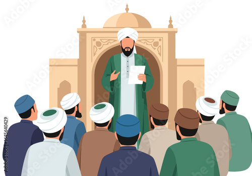 Vector art of a muslim leader teaching a group of people in front of a mosque, isolated on white background