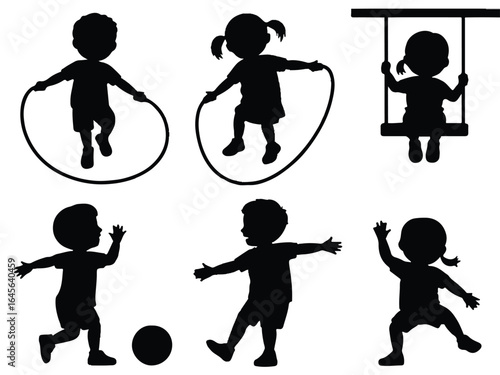 Silhouette of Children Playing and Swinging kids jump rope