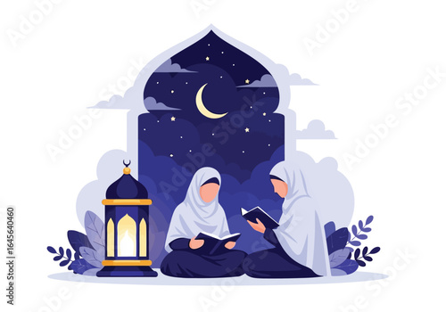 Vector art of two muslim women reading books at night under a starry sky with a crescent moon, illuminated by a lantern