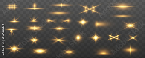 Big set of lighting effects in the form of flashes, glare, light dust, sun and yellow stars. Light effect flashes white glitter, vector glow line glitters.	