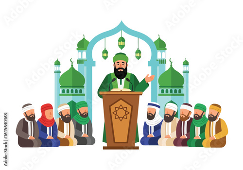 Vector art of a muslim man preaching to a group of people in front of a green mosque, isolated on white background