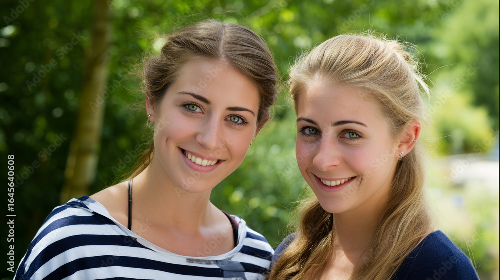 Obraz premium Two happy university students posing against a green campus backdrop with natural lighting.