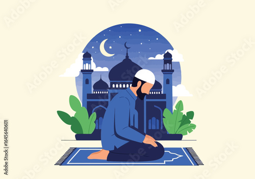 Vector art of muslim man praying on a prayer mat in front of a mosque at night under a starry sky with a crescent moon, islamic worship and devotion
