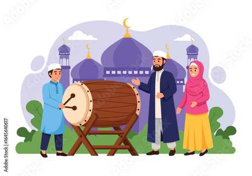 Vector art of muslim family with father, son, and daughter celebrating with a large drum in front of a mosque, symbolizing ramadan or eid festivities