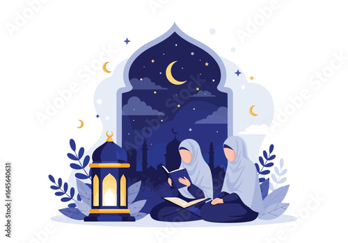 Vector art of two muslim women reading the quran at night under a starry sky with a lantern, symbolizing devotion and spiritual practice during ramadan or eid