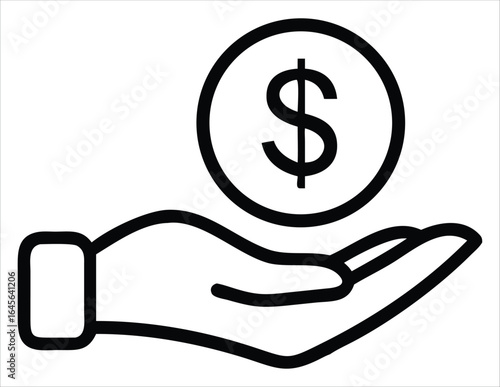 A simple clean line art illustration of an open hand holding a coin with a dollar sign symbolizing financial assistance payment or investment