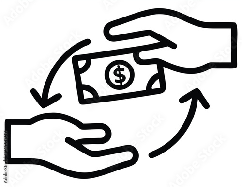 Simple line art illustration of two hands exchanging a dollar bill with circular arrows indicating a transaction or transfer of money representing financial exchange and payment