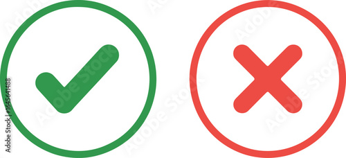 Green check mark in circle and red cross in circle side by side vector