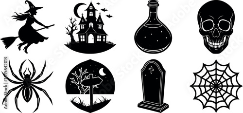 Halloween vector silhouette set with spooky icons and elements. Collection of halloween vectors