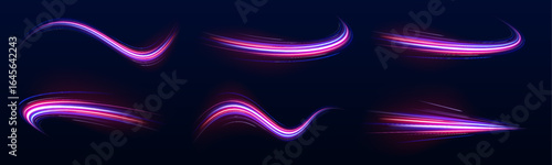 High speed effect motion blur night lights blue and red. Futuristic neon light line trails. Futuristic, technology pattern for banner or poster design background concept.	