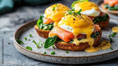 Delicious eggs Benedict with smoked salmon on whole grain toast topped with creamy hollandaise sauce and fresh herbs served on a rustic plate