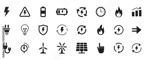 Energy icons illustrating electricity, renewable sources, and sustainable power for various uses.