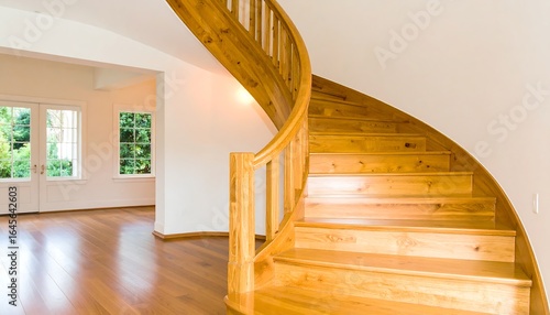 A spiral staircase with wooden steps and banister in a bright interior.