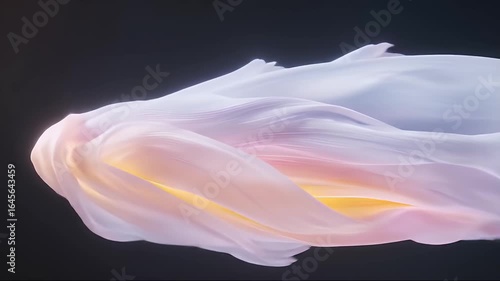 黒い背景に浮かぶオーロラ色の抽象的な形状とテクスチャが特徴的な3Dレンダリングアートワークと未来的デザイン
