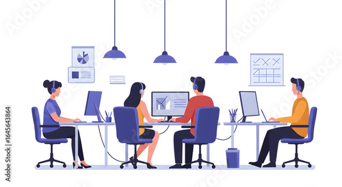 Customer Service Team Working in Modern Office with Computers and Headphones, Tech Support Illustration