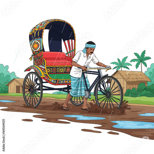 Rickshaw Puller Struggling on a Muddy Road in the Rain