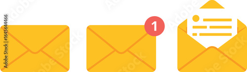 Three yellow envelopes one with a red notification bubble and one open with paper mail email