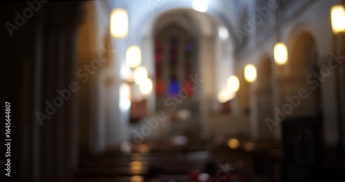 Wallpaper Mural Blurry, defocused, church interior with natural window light and artificial illumination. Moody atmosphere, bokeh background, real time footage Torontodigital.ca