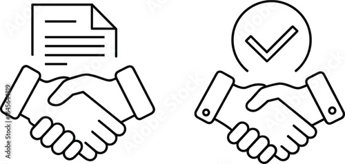 Two handshake icons one with document one with checkmark agreement contract