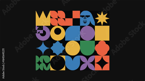 Mosaic of Colorful Geometric Shapes and Icons on Black Background abstract blue