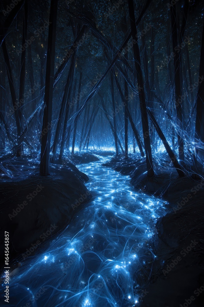 Fototapeta premium Enchanted Forest Stream: Glowing Blue Light and Dark Trees