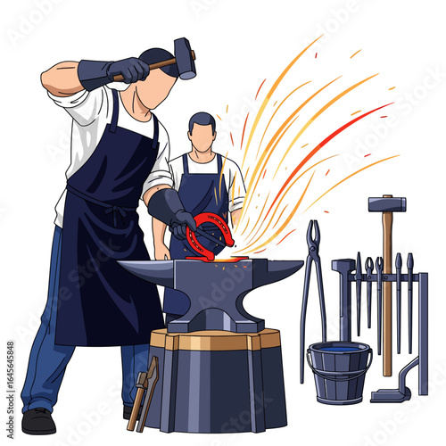 Blacksmiths Forging a Glowing Horseshoe on an Anvil