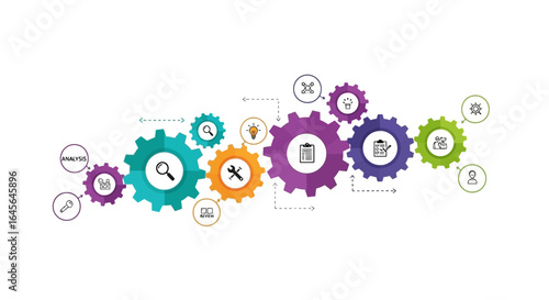 Workflow Processes Represented By Connected Gears With Icons Visualization