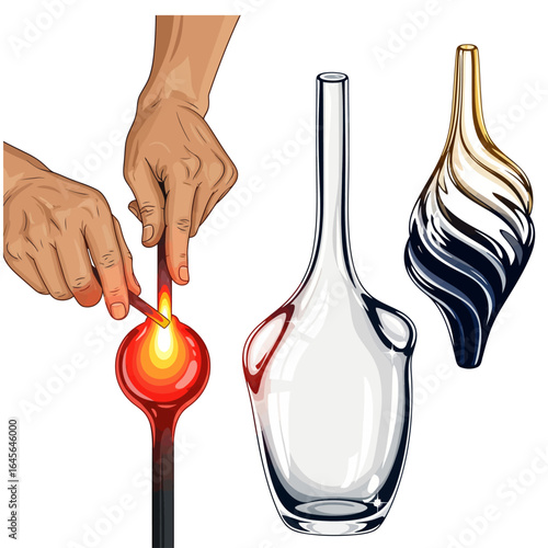 Hand Blown Glass Art with Vases and Tools