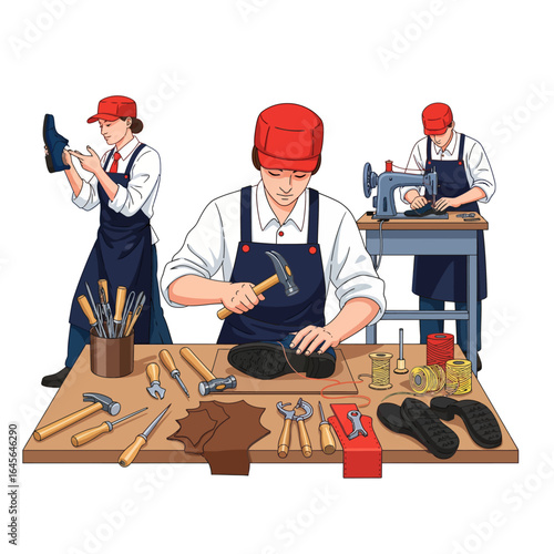 Leather Cobblers Repairing Shoes in Workshop
