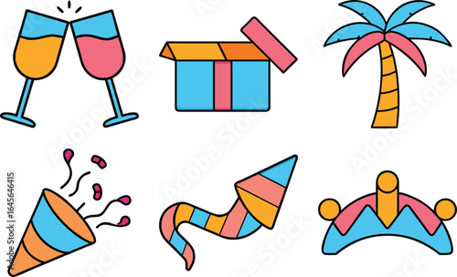 Festive Celebration Icons with Party Elements and Tropical Theme for Events and Special Occasions Vector Set Design for Social Media Marketing and Creative Projects