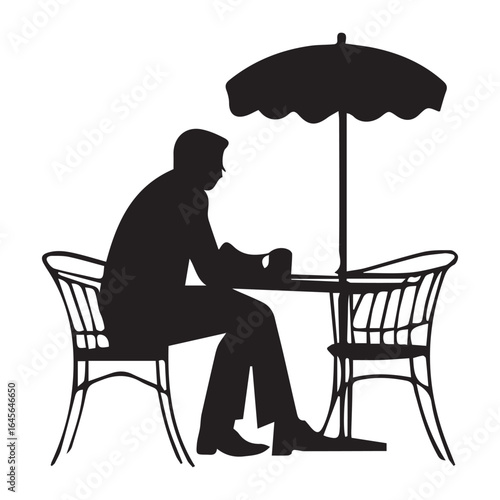 Silhouette of a man sitting at a table under an umbrella isolated on white background