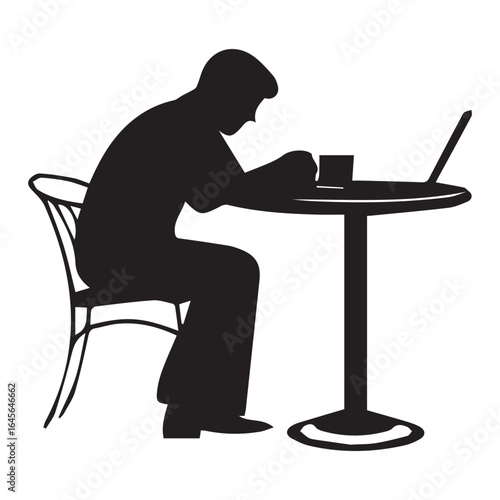 Silhouette of a man sitting at a table with a laptop and coffee isolated on white background