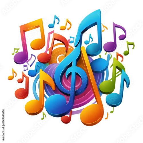 Cluster of Colorful Music Notes Floating with a Splash Effect: A cheerful and vibrant design element for music, entertainment, and playful themes