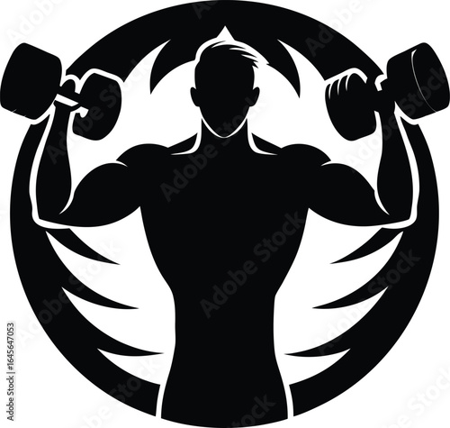  Silhouette of a muscular man lifting dumbbells in a circle emblem