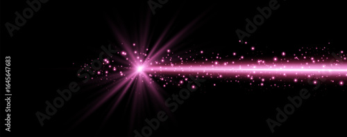 Pink horizontal laser beam. Neon line, presentation pointer. Pink glow flare light effect. Vector illustration. Isolated on dark background.
