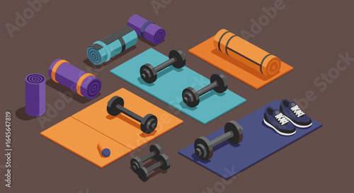 Modern isometric home gym equipment with dumbbells, yoga mats, and sneakers