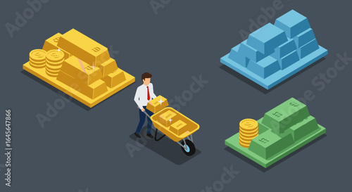 Isometric financial concepts: man with wheelbarrow, gold, silver, and cash bars