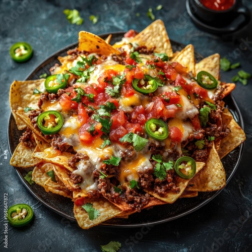 Delicious loaded nachos with melted cheese, seasoned ground beef, fresh tomato salsa, jalapenos, cilantro, and crispy tortilla chips on a dark rustic surface